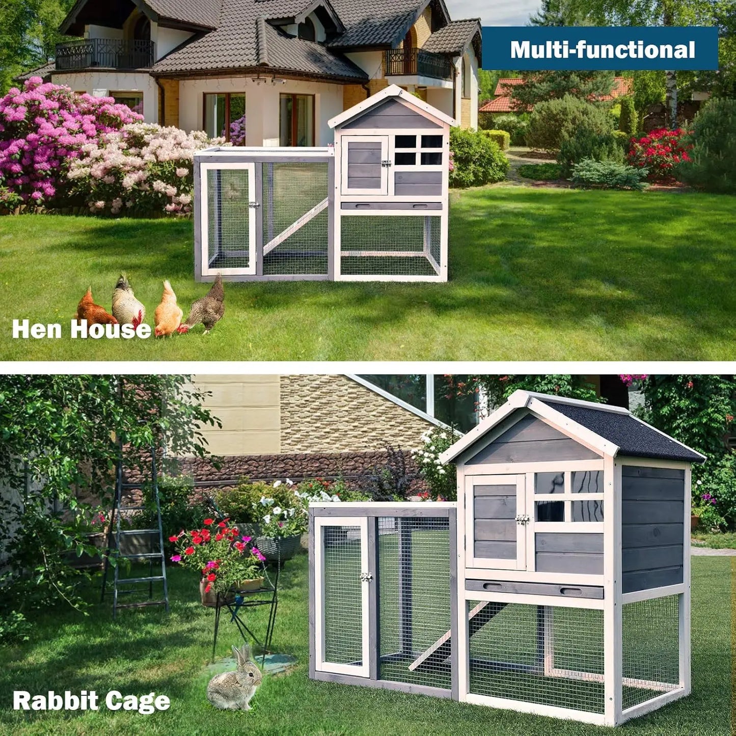 Rabbit Hutch, Indoor Outdoor Bunny Cage with Run, Wooden Rabbit Cage with Waterproof Roof & Pull Out Tray, Chicken Coop Pet