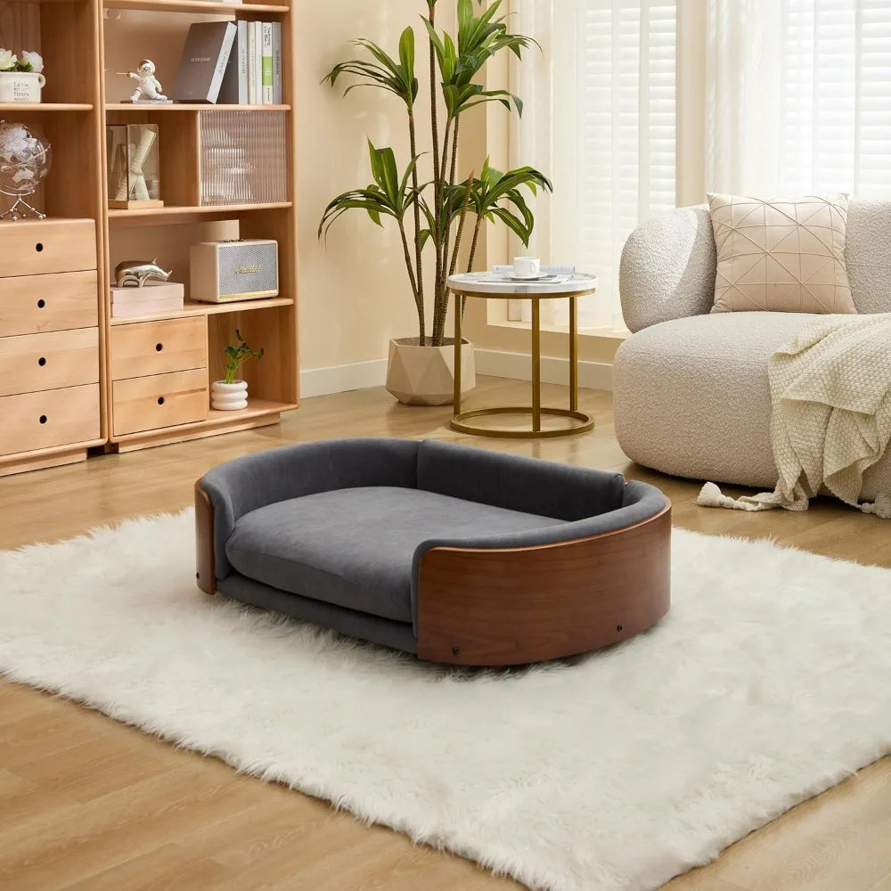 Large Velvet Scandinavian Style Elevated Dog Sofa Bed with Solid Wood Legs and Walnut Bent Wood Back, Perfect for Your Pet's Com