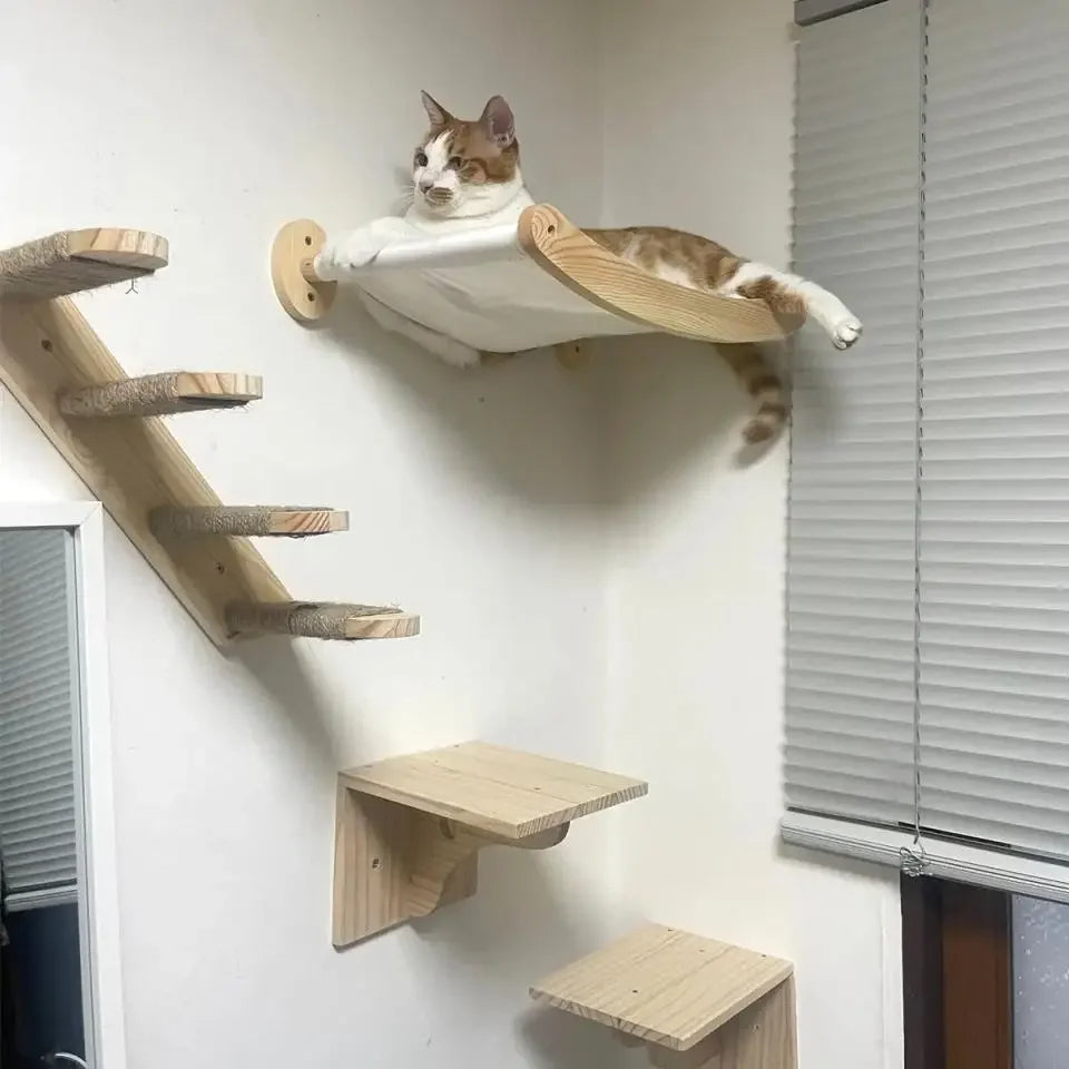 Wooden Cat Tree Tower Wall Mounted Cat Climbing Shelves Hammock Stairs House Cats Walk Playground Pet Furniture Accessories