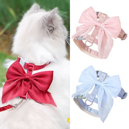 Cat Harness and Leash Set with Big Bow, Escape Proof Reflective Kitten Lead, Adjustable H-Type Vest for Walking, Cute Shiny