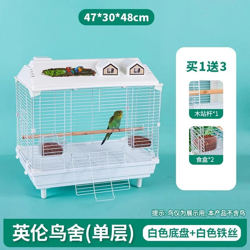 Birdcage for Budgerigars - Large Villa-Style British-Inspired Metal Display Cage with Horizontal Wire Base for Parakeets