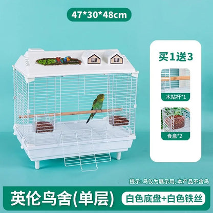 Birdcage for Budgerigars - Large Villa-Style British-Inspired Metal Display Cage with Horizontal Wire Base for Parakeets