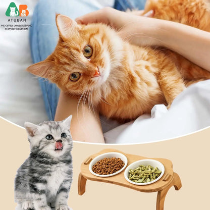 Raised Cat Bowls,Elevated Bamboo Food Bowls for Cat and Small Dog,Anti-Leak Pet Food Water Bowl Feeder Perfect for Puppy and Cat