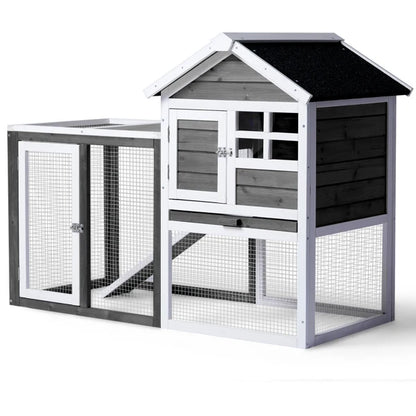 Wooden Rabbit Hutch Outdoor Chicken Coop Indoor Bunny Cage with Run, Guinea Pig House Pet House with Pull Out Upper Tray, Grey