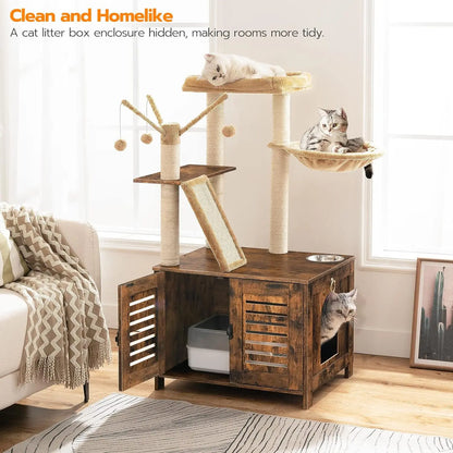 Cat Tree Tower with Box Enclosure Wooden Cat Condo with Scratching Posts Wooden Cat Box