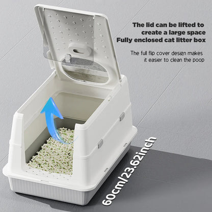 Fully Enclosed Large Flip-Top Cat Litter Box High-Sided Covered Design, Splash-Proof and Litter-Tracking Preventive Cat Toilet