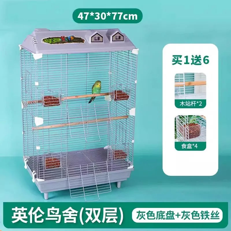 Birdcage for Budgerigars - Large Villa-Style British-Inspired Metal Display Cage with Horizontal Wire Base for Parakeets