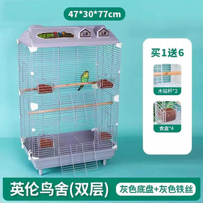 Birdcage for Budgerigars - Large Villa-Style British-Inspired Metal Display Cage with Horizontal Wire Base for Parakeets