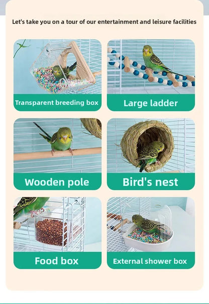 Birdcage for Budgerigars - Large Villa-Style British-Inspired Metal Display Cage with Horizontal Wire Base for Parakeets