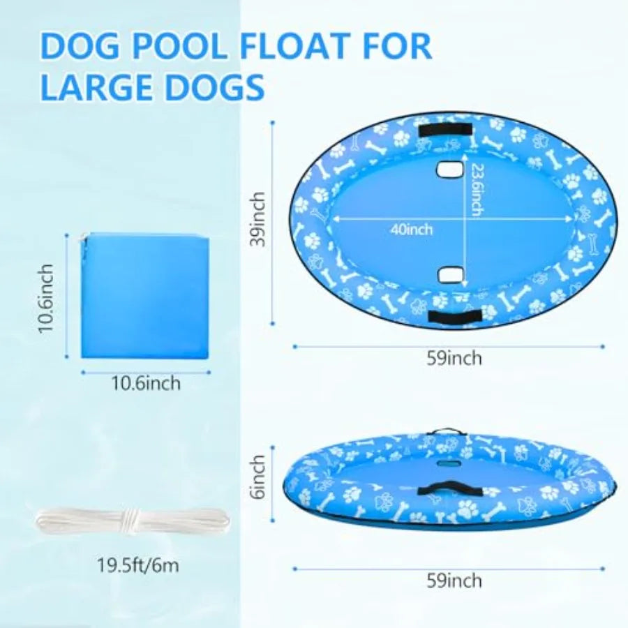 59'' x 39'' Inflatable Dog Pool Float with Rope - Tear Resistant Ox Material Blue Color Stable Support for Small Medium Large D