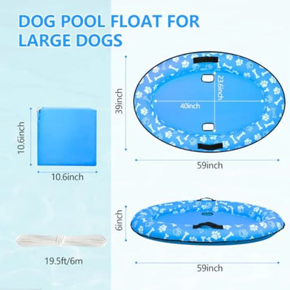 59'' x 39'' Inflatable Dog Pool Float with Rope - Tear Resistant Ox Material Blue Color Stable Support for Small Medium Large D