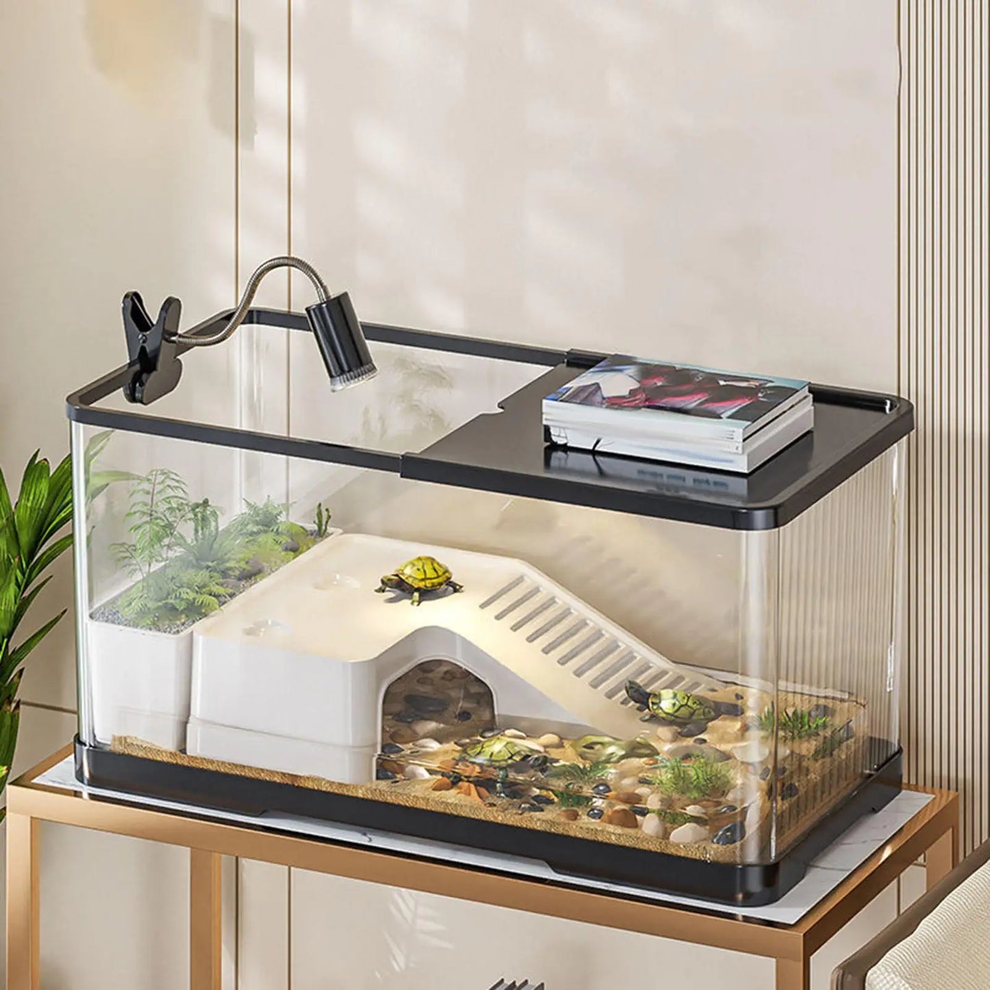 Turtle Tank Multifunction with Cover Sturdy Reptile Habitat with Basking for Frog Tortoises Leopard Amphibians Terrapin