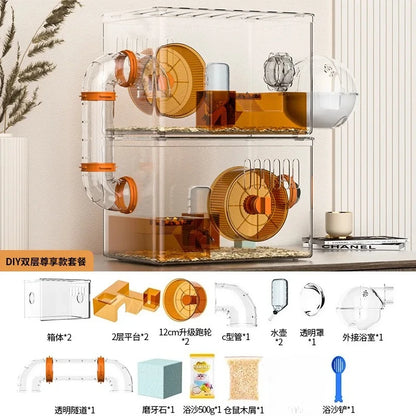 Acrylic Hamster Cage Transparent Habitat with Silent Running Wheel Large Space Enclosure for Hamster Easy-Clean Animal Home