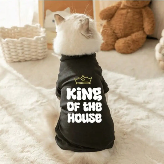 1pc Crown and letter printed black pet round neck sweatshirt, warm thick cat and dog round neck T-shirt