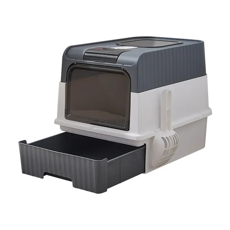 Portable Collapsible Cat Litter Pan with Splash Guard and Plastic Scoop - Pet Litter Box with Lid, Easy to Clean and Assemble