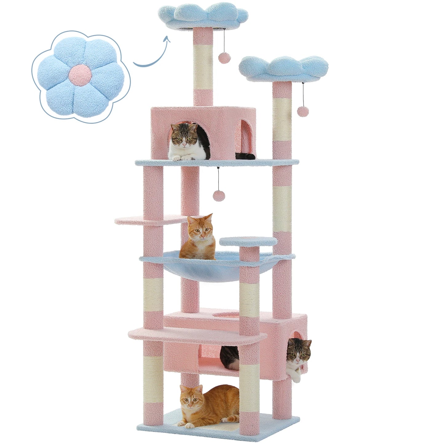 Multi-Level Cat Tree Tower with Scratching Posts&Board, Hammock, Cat Condo, Spacious Top Perch,Dangling Balls for Indoor Cats