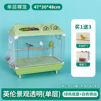 Birdcage for Budgerigars - Large Villa-Style British-Inspired Metal Display Cage with Horizontal Wire Base for Parakeets