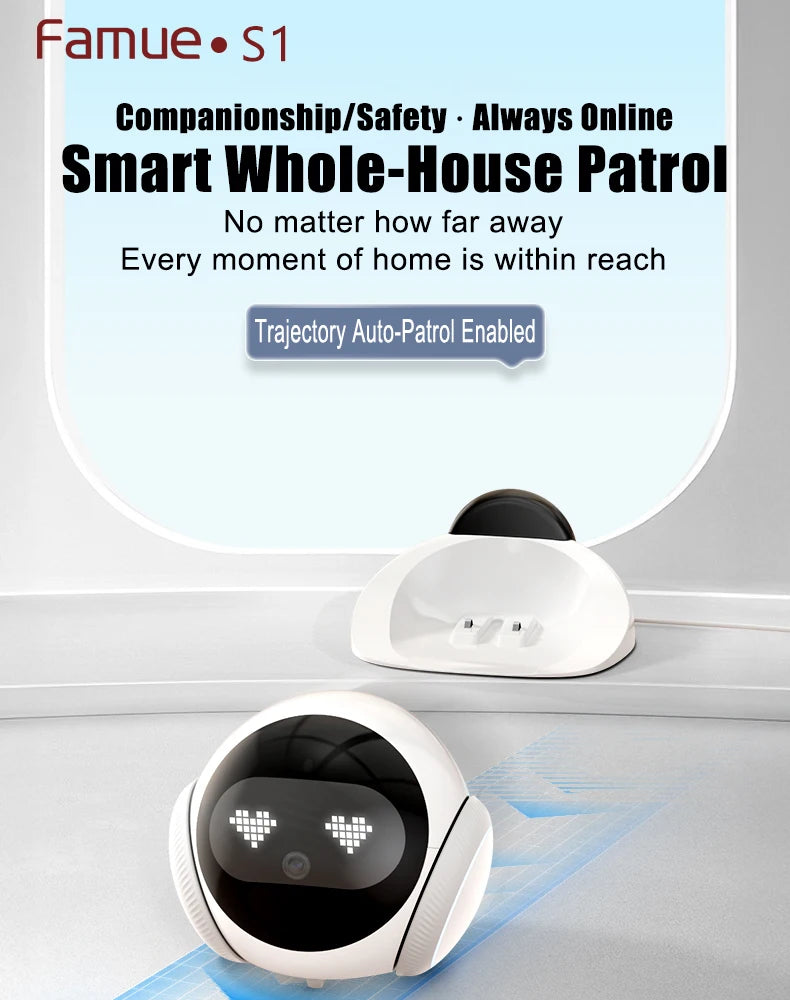 Famue Home Security Robot for Elderly & Kids – Auto Charging Smart Camera with IR Night Vision, Two-Way Audio and Full House