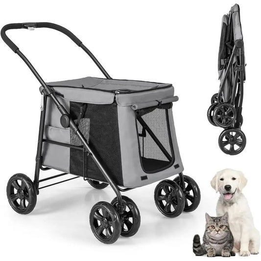 Multi-Entrance Pet Stroller with 4 Shock-Absorbing Wheels, Side Pockets, Safety Strap for Dogs and Cats