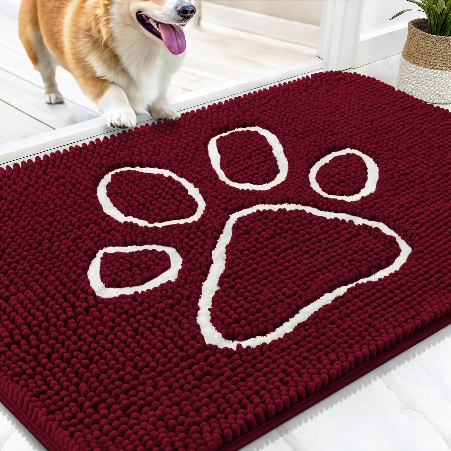 Kitinjoy Ultra Absorbent Chenille Mud Doormat With Paw Print Design Non-Slip Quick-Dry Washable Mats Door Mat for Muddy Dog Paws