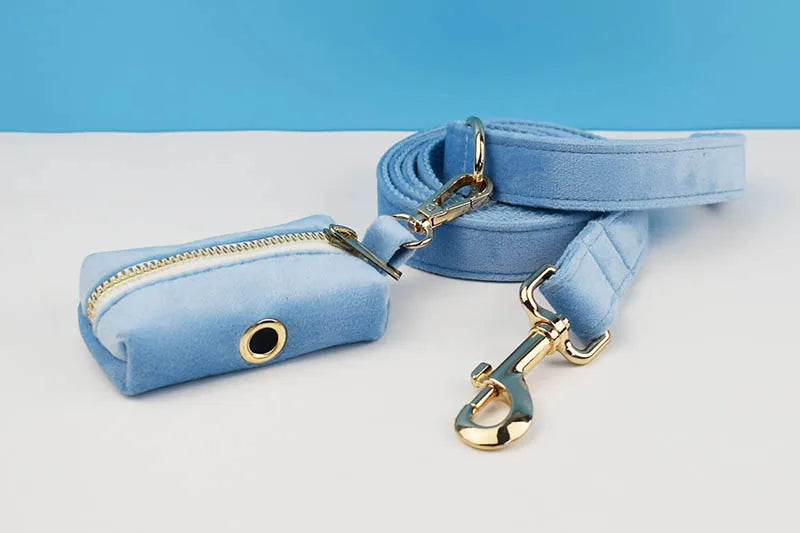 Blue Velvet Dog Collar And Leash Set For Small Medium Large Dogs Custom Engraved Nameplate Pet Supplies Dog Leash Velvet15