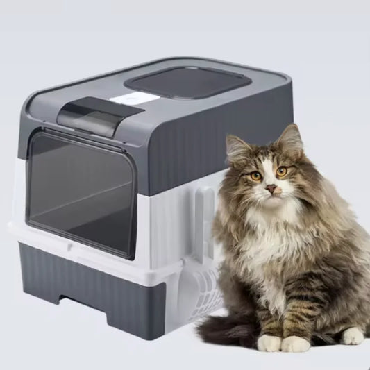 Cat Litter Box with Scoop, Large Foldable Litter Box with Lid, Front Entry Top Exit Kitty Box, Odor Control, Easy To Clean