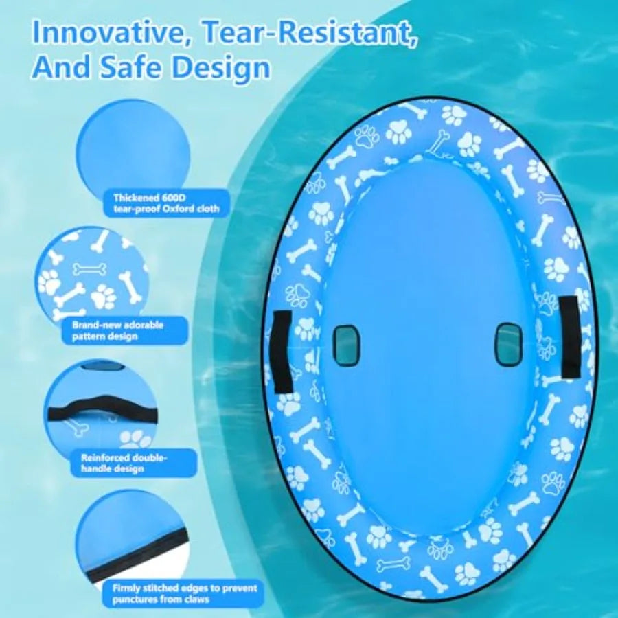 59'' x 39'' Inflatable Dog Pool Float with Rope - Tear Resistant Ox Material Blue Color Stable Support for Small Medium Large D