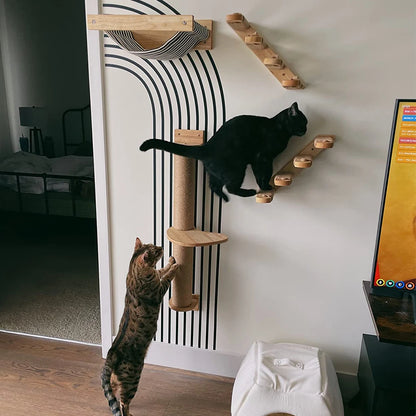 Wall Mounted Cat Tree with Sisal Scratching Post, Climbing Ladder, Jumping Platform and Hammock, creating a fun place for cats!