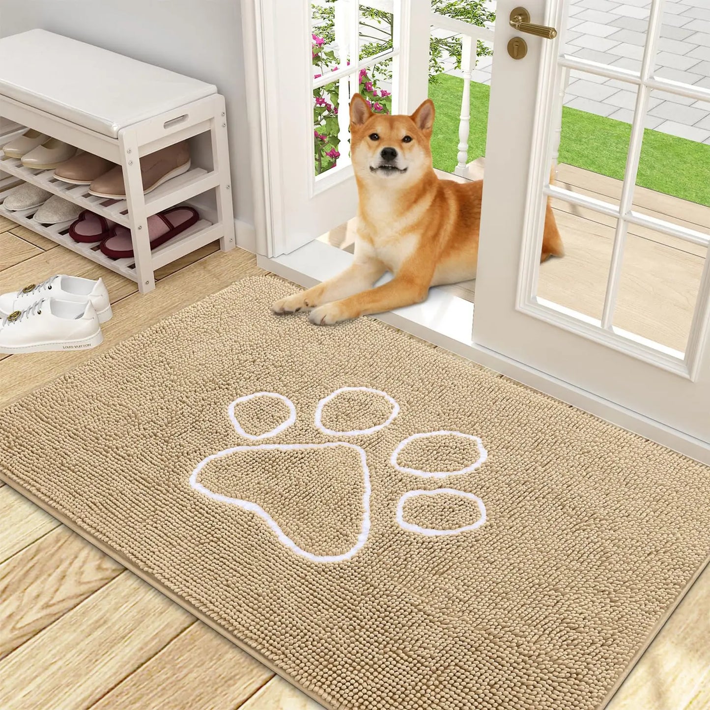 Kitinjoy Ultra Absorbent Chenille Mud Doormat With Paw Print Design Non-Slip Quick-Dry Washable Mats Door Mat for Muddy Dog Paws