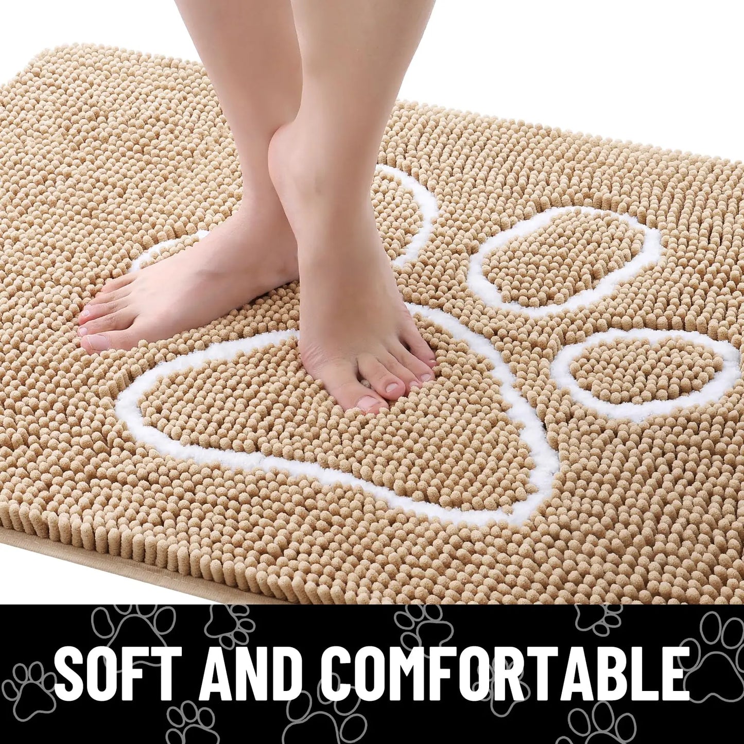 Kitinjoy Ultra Absorbent Chenille Mud Doormat With Paw Print Design Non-Slip Quick-Dry Washable Mats Door Mat for Muddy Dog Paws