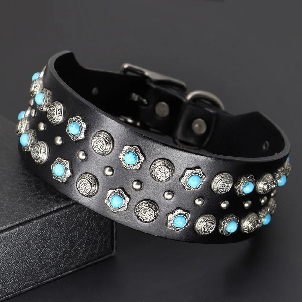 Luxurious Dog Real Leather Collar Cool Spiked Studded Pet Collars Jeweled Leather Dogs Collars Necklace For Pet Show Bulldog