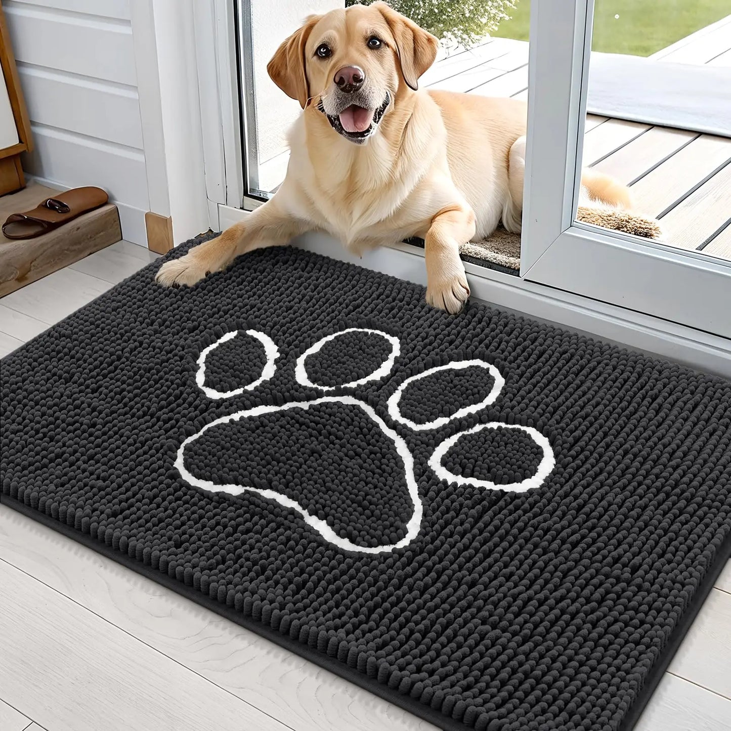 Kitinjoy Ultra Absorbent Chenille Mud Doormat With Paw Print Design Non-Slip Quick-Dry Washable Mats Door Mat for Muddy Dog Paws