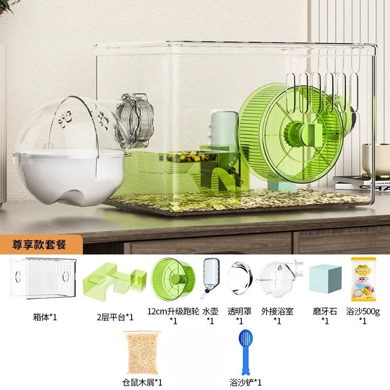 Acrylic Hamster Cage Transparent Habitat with Silent Running Wheel Large Space Enclosure for Hamster Easy-Clean Animal Home