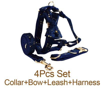 Luxury Fashion Pet Accessories Custom Design Logo Black Bottom Flower Sublimation Dog Collar Leashes Harness Bow Set Star01