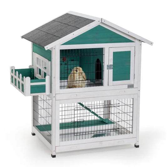 2-Story Rabbit Hutch Indoor Outdoor Bunny Cage with Pull-Out Tray & Waterproof Roof