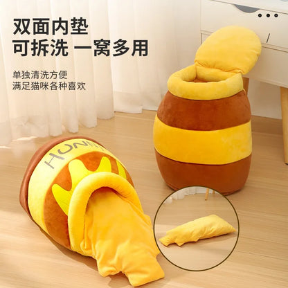 Cat Bed Warm Comfortable Kennel Nest Pet Cat Bed Soft Removable Cushion Nonslip Bottom Cartoon Washable House Honey Pot Cave