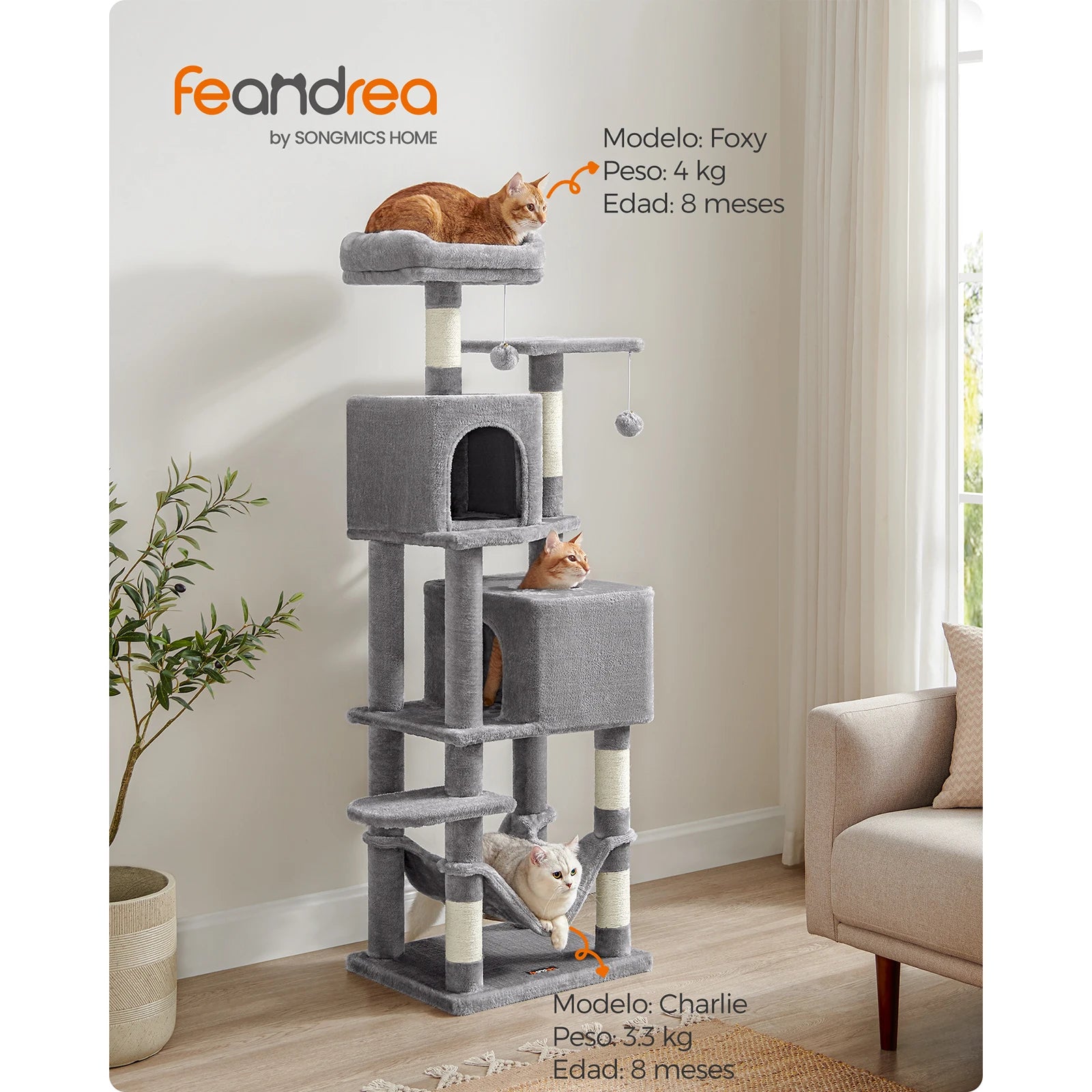 Feandrea 155cm Cat Tree: Indoor tower with 5 posts, 2 caves, hammock, 2 pompoms, Beige.