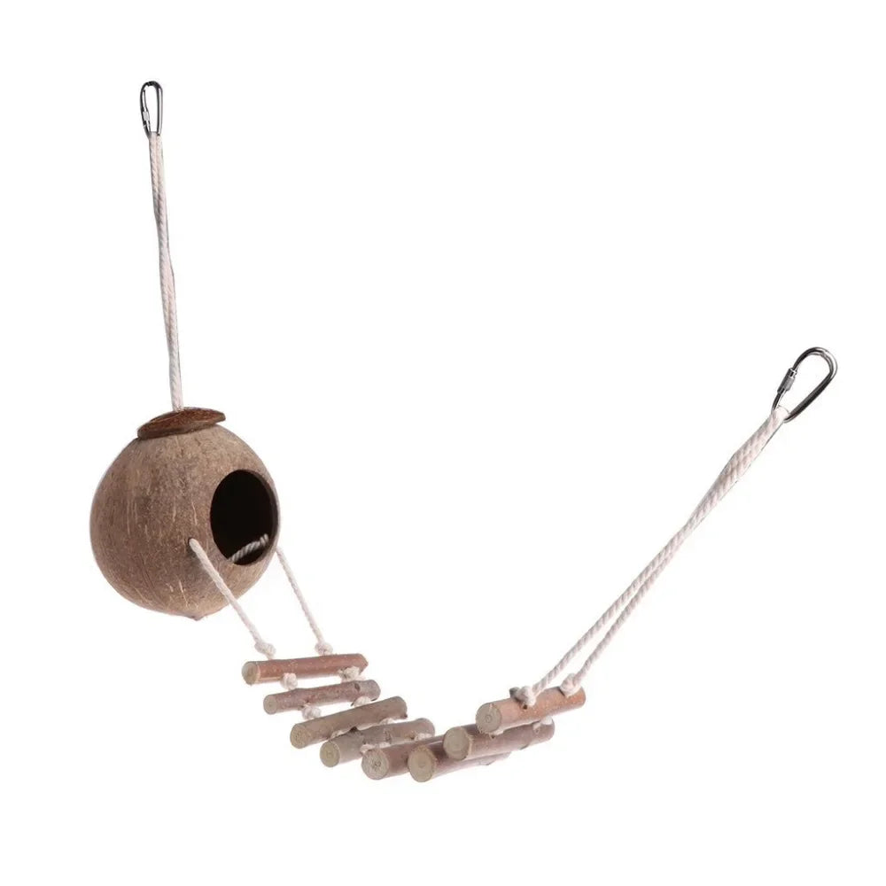 Comfortable Cute Design Natural Coconut Shell Bird Nesting House Small Size Pet Parakeets Finches Sparrows Cage With Ladder
