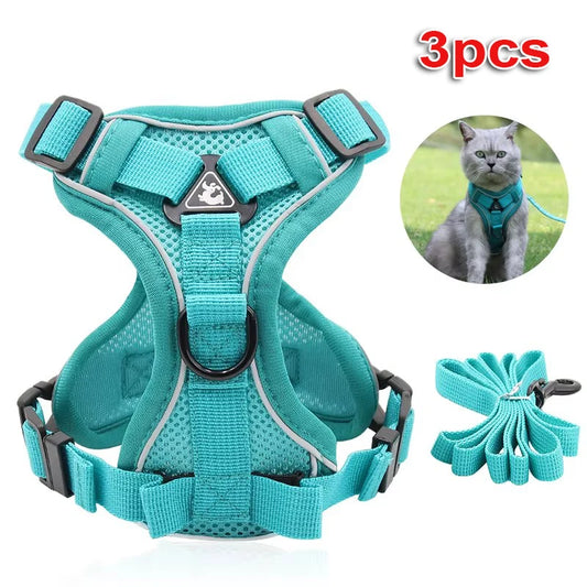 3pc Cat Harness Vest Adjustable Reflective Collars Cute Walking Lead Leash Set Harnesses Necklace For Small Dogs Cat Accessories