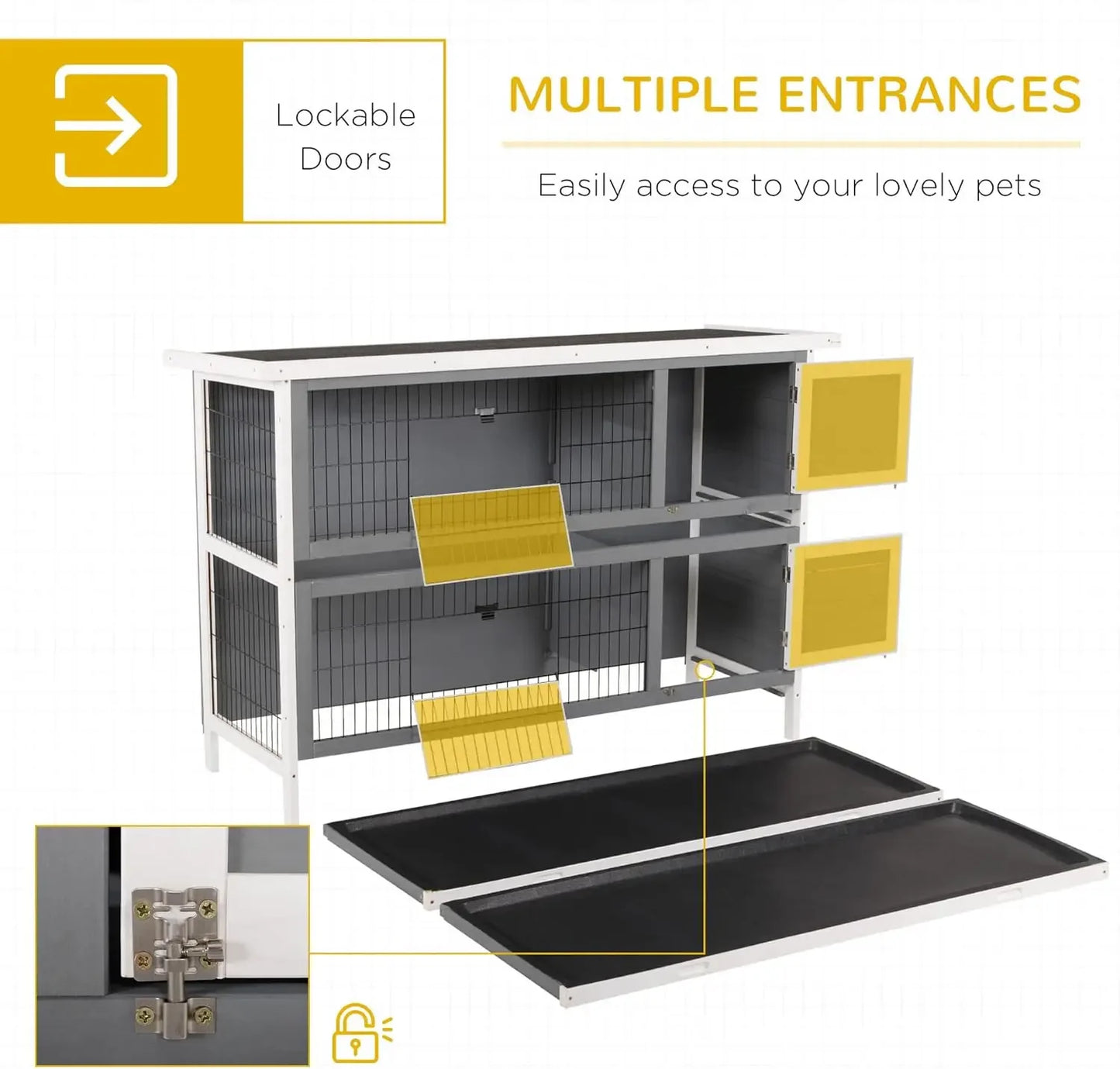 54" 2-Story Large Rabbit Hutch Bunny Cage Wooden Pet House Small Animal Habitat with Lockable Doors,No Leak Tray and Waterproof