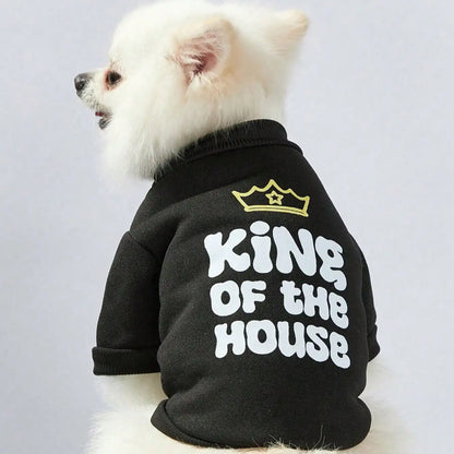 1pc Crown and letter printed black pet round neck sweatshirt, warm thick cat and dog round neck T-shirt