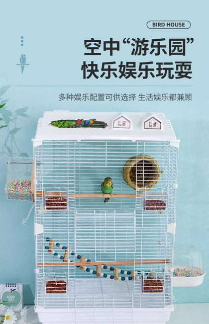 Birdcage for Budgerigars - Large Villa-Style British-Inspired Metal Display Cage with Horizontal Wire Base for Parakeets