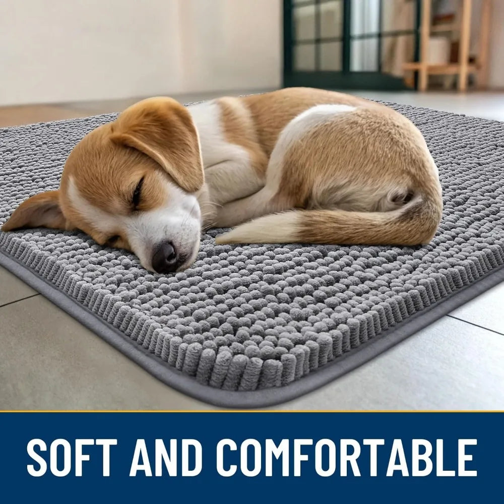 Absorbent Non-Slip Dog Door Mat for Muddy Paws, Quick Dry Washable Chenille Indoor Entryway Carpet, Grey 48x30