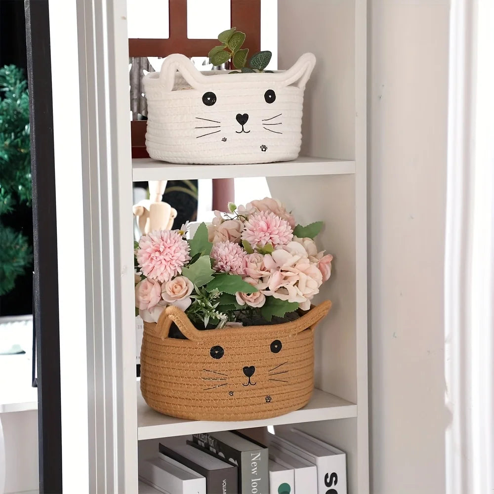 Cat Basket Storage Woven Basket Organizer with Ears Decorative Pet Toy Cute Basket Cotton Rope Basket for Gift Cat Dog Toy Bin
