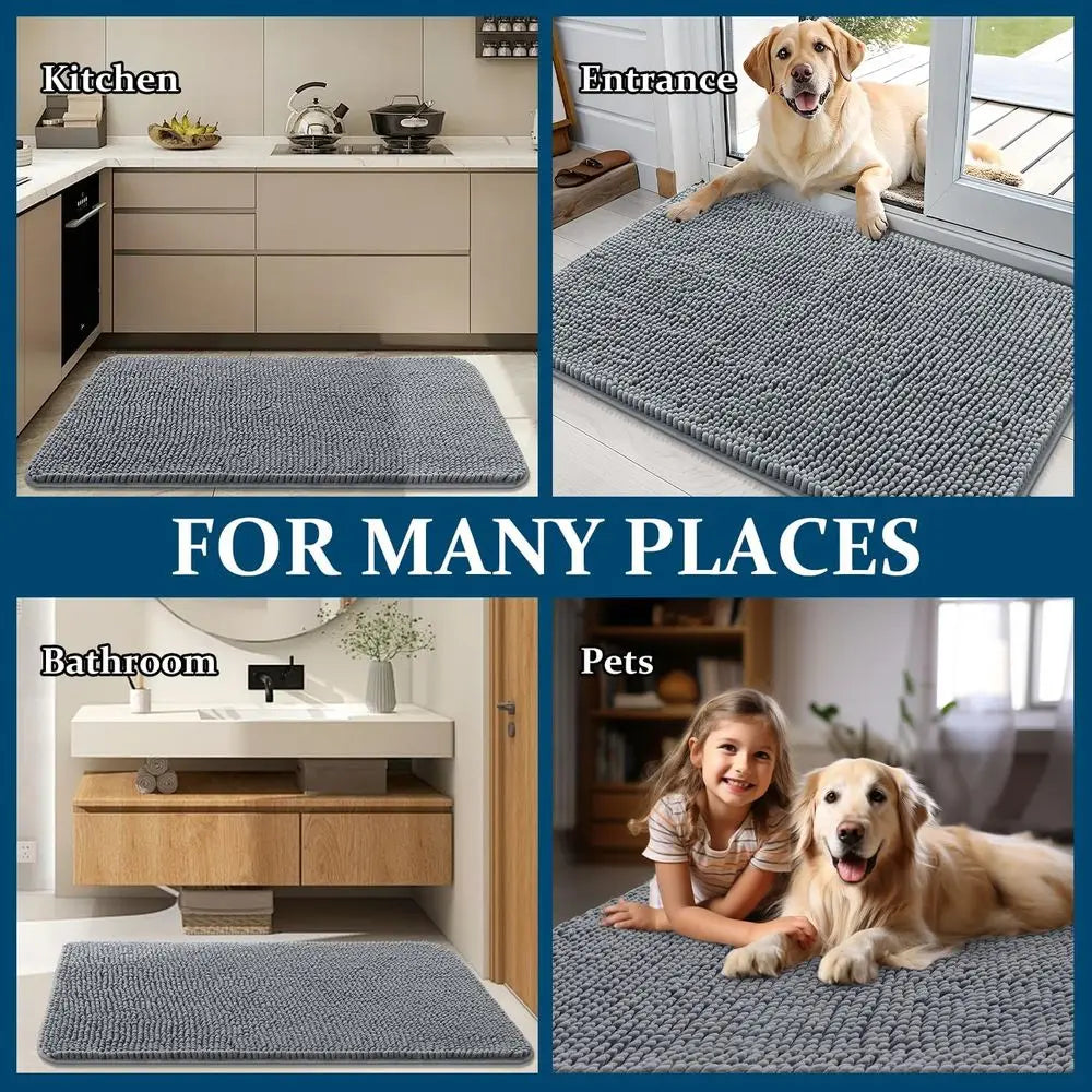 Mud-Resistant 54x32 Door Mat for Dogs, Moisture-Absorbing, Non-Slip, Washable, Quick-Dry Chenille Mat for Indoor Entryways, Grey