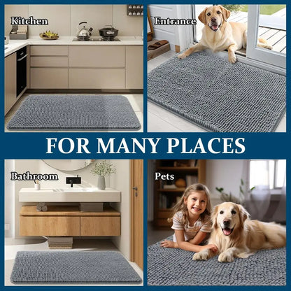 Mud-Resistant 54x32 Door Mat for Dogs, Moisture-Absorbing, Non-Slip, Washable, Quick-Dry Chenille Mat for Indoor Entryways, Grey