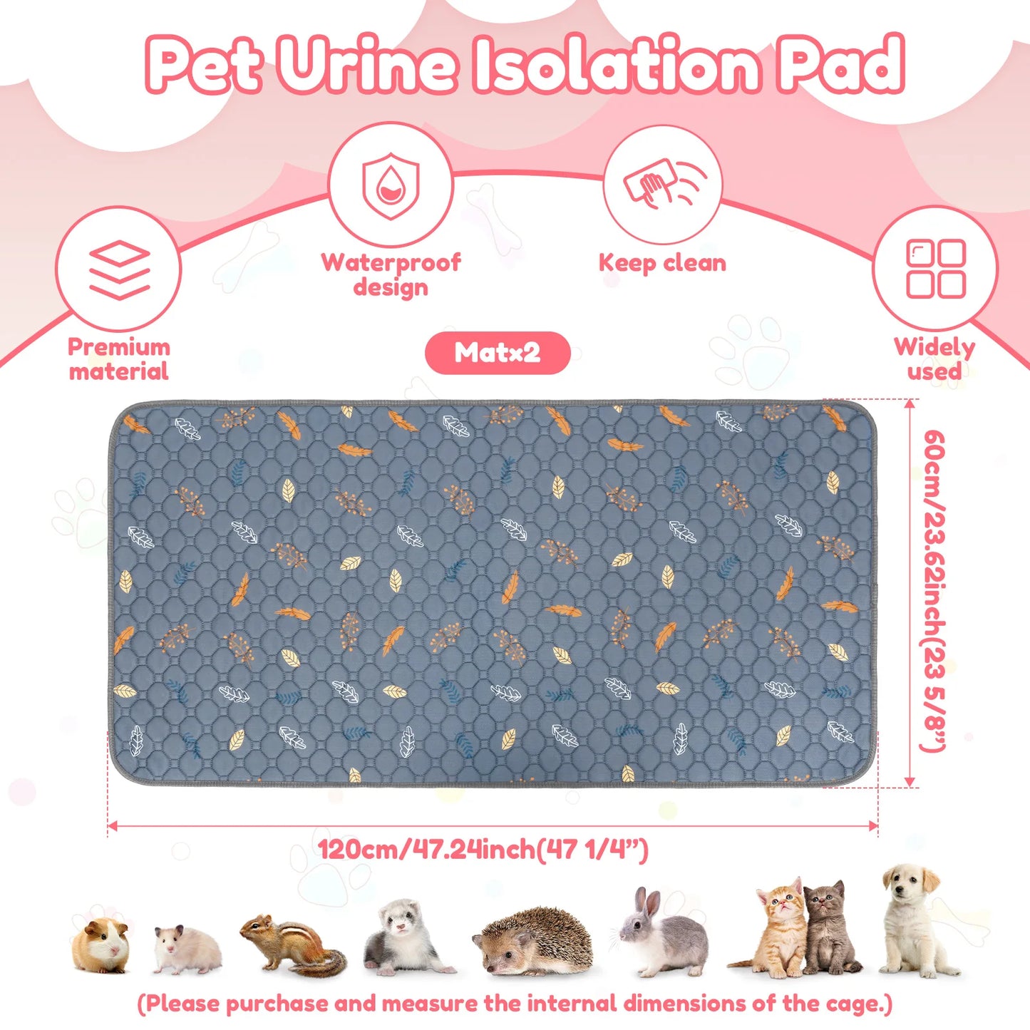 2Pcs Guinea Pig Cage Liner Washable Rabbit Absorbent Mat Reusable Hamster Pee Pad Anti-Slip for Pet Guinea Pig Rabbit Hedgehog