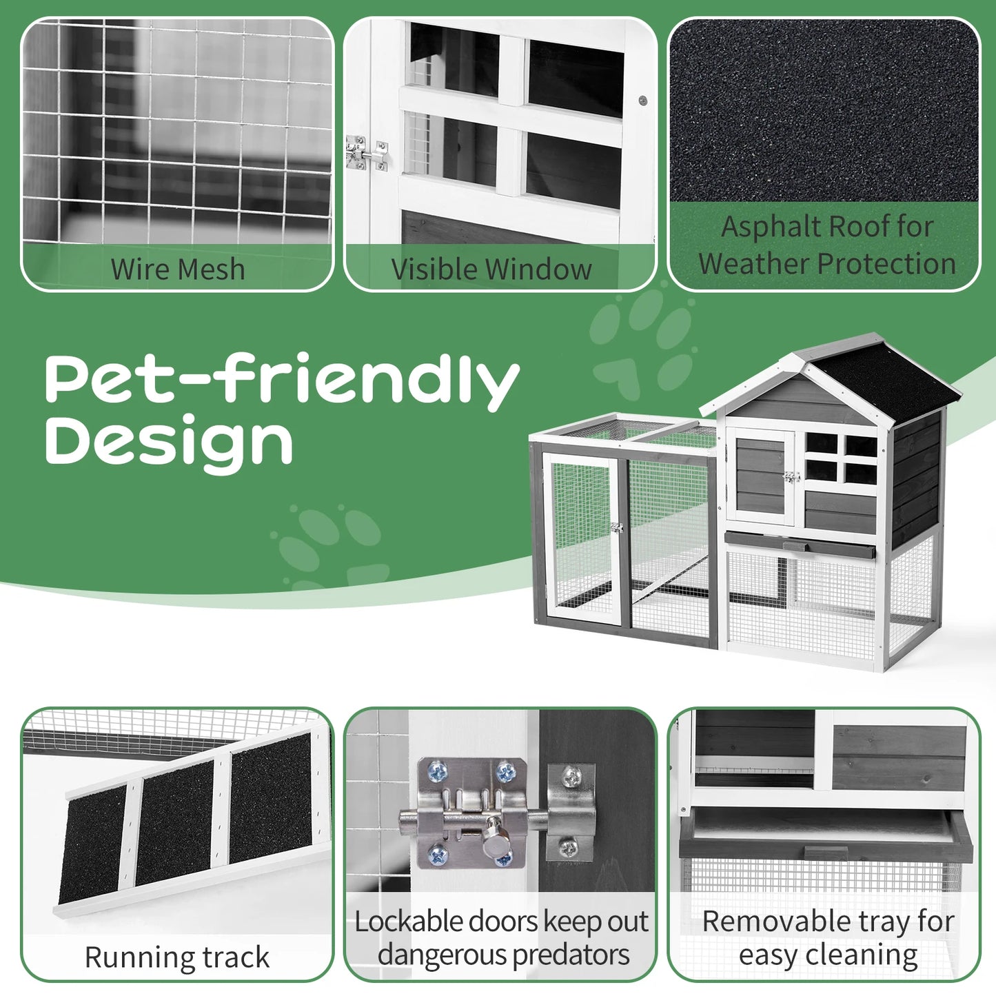 Wooden Rabbit Hutch Outdoor Chicken Coop Indoor Bunny Cage with Run, Guinea Pig House Pet House with Pull Out Upper Tray, Grey