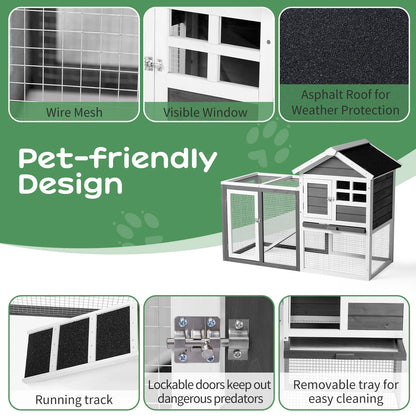 Wooden Rabbit Hutch Outdoor Chicken Coop Indoor Bunny Cage with Run, Guinea Pig House Pet House with Pull Out Upper Tray, Grey