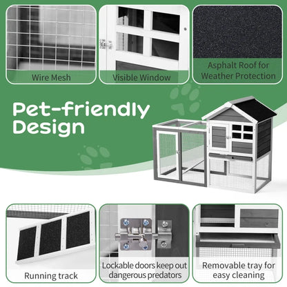 Wooden Rabbit Hutch Outdoor Chicken Coop Indoor Bunny Cage with Run, Guinea Pig House Pet House with Pull Out Upper Tray, Grey